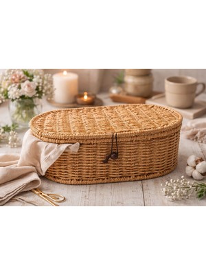 Rattan Kapaklı Düzenleyici Sepet  Doğal Rattan Organizer Oval 28  cm 1 Adet