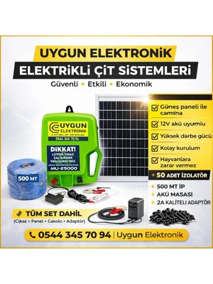 MU-25000 25W Güneş Panelli- Yüksek Güçlü Elektrikli Çit Makinesi -Paket -50 Adet Izalatör -500MT Tel