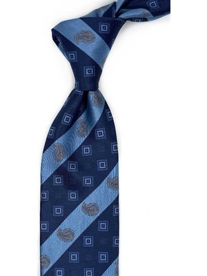 Kravatkolik Lacivert - Mavi Çizgi Desen Mendilli Klasik Kravat KK13695