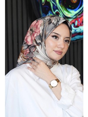 Afvente Papatya Desen Gri Soft Pamuk Eşarp