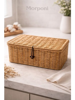 Rattan Kapaklı Düzenleyici Sepet  Doğal Rattan Organizer Dikdörtgen 28  cm 1 Adet