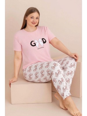 Farya Home Büyük Beden Pamuklu Desenli Anne Kalıp Kısa Kollu Pijama Takımı