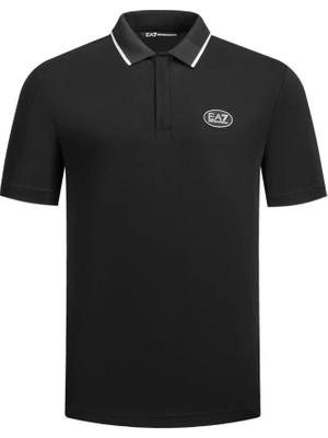EA7 Erkek Vücut Sıcaklığını Sabit Tutan Kumaş Dar Kalıp Logo Desenli Kısa Kollu Siyah Polo Yaka T-Shirt 7M001288 AF13520-UC001