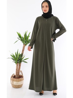 Medipek Haki Renkli Fermuralı Namaz Elbisesi Kloş Kalıp Düz Desenli Kadın Ferace