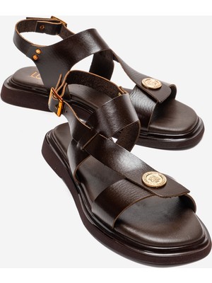 Luvi Quella Kahverengi Hakiki Deri Tokalı Kadın Sandalet