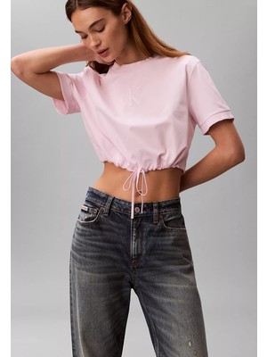 Calvin Klein Kadın Normal Kalıp Ck Logo Deseni Kısa Kollu Beli Ip Büzgülü Crop Pembe T-Shirt LV047F231G-8Z6