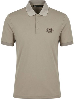 EA7 Erkek Slim Fit Logo Desenli Havalandırma Sağlayan Teknik Kumaş Kısa Kollu Bej Polo Yaka T-Shirt 7M001290 AF13689-U6167