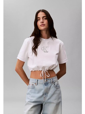Calvin Klein Kadın Normal Kalıp Ck Logo Deseni Kısa Kollu Beli Ip Büzgülü Crop Beyaz T-Shirt LV047F231G-YAF