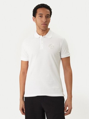 Versace Erkek Normal Kalıp Logo Desenli Pamuklu Kısa Kollu Beyaz Polo Yaka T-Shirt 80GAGT19 CJ01T-G03