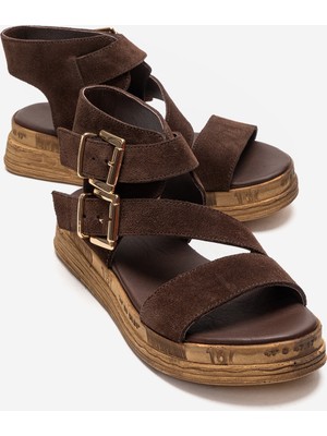 Luvi Lorentıs Kahverengi Süet Hakiki Deri Çift Tokalı Kadın Sandalet