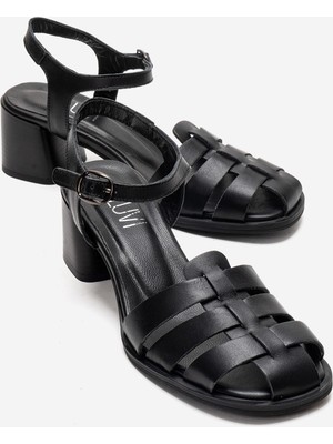 Luvi Evora Siyah Cilt Hakiki Deri Kadın Kalın Topuklu Sandalet