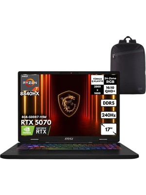 MSI Msı Crosshair A17 Ryzen 7-8840HX 64-Gbddr5 4 Tbssd RTX5070 (8GB-GDDR7-115W) 17" Qhd+ Windows 10 Pro + Hmf Sırt Çantası D8WGKG-044XTRHMF46