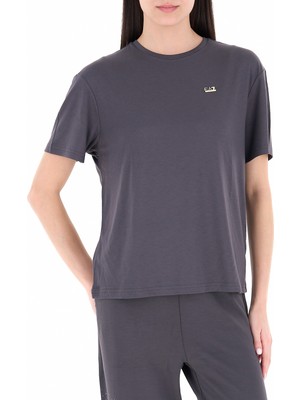 EA7 Kadın Normal Kalıp Yuvarlak Yakalı Metalik Logo Detaylı Viskoz Karışımlı Kısa Kollu Gri T-Shirt 7W000189 AF13919-U8111