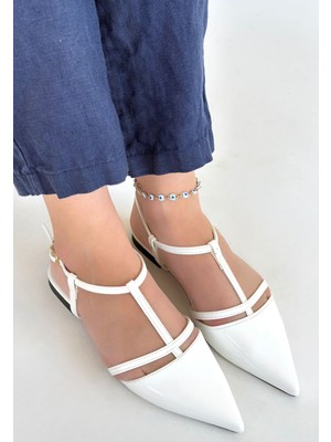 Erbilden Canca Beyaz Rugan Bağcıksız Kadın Babet Ayakkabı 1 cm Topuk