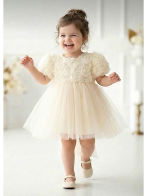 Butik Kız Çocuk - Bebek %100 Pamuklu Iç Astarlı Fiyonk Detaylı 3D Gül Aptikeli Özel Gün Elbisesi Doğumgünü - Düğün