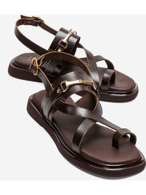 Luvi Fabıana Kahverengi Hakiki Deri Tokalı Kadın Parmak Arası Sandalet