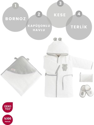 Bebekevi %100 Pamuk Oeko-Tex Bebek Bornoz ve Havlu Seti 4 Lü Hediyelik Set