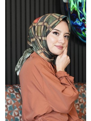 Afvente Geometrik Desen Yeşil Soft Pamuk Eşarp - Taba