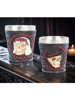 Elifeshop Gotik Kurukafa Gelin Damat Işlemeli Paslanmaz Çelik 2’li Premium Shot Bardağı Seti – 55 ml