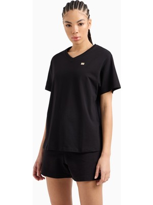 EA7 Kadın Regular Fit Esnek Pamuklu Metalik Logo Detaylı V Yakalı Kısa Kollu Siyah T-Shirt 7W000029 AF10373-UC001