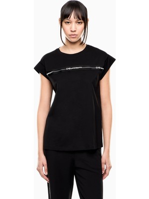 EA7 Kadın Pamuklu Yuvarlak Yakalı Logo Şerit Desenli Kısa Kollu Siyah T-Shirt 7W000958 AF12503-UC001