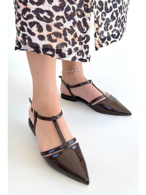 Erbilden Canca Kahverengi Rugan Babet Ayakkabı T Bantlı 1 cm Topuk