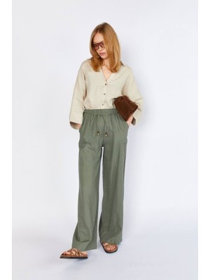 CGA Kadın Keten Pantolon Haki Keten Pantolon Dikiş Detaylı Kare Cepli Keten Pantolon