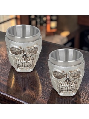 Elifeshop Gotik Silver Kurukafa Işlemeli Paslanmaz Çelik 2’li Premium Shot Bardağı Seti – 55 ml