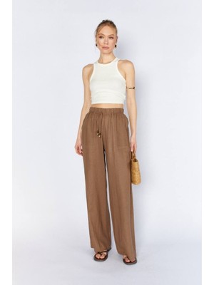 CGA Kadın Keten Pantolon Kahverengi Keten Pantolon Dikiş Detaylı Kare Cepli Keten Pantolon