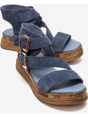 Luvi Lorentıs Kot Mavi Süet Hakiki Deri Çift Tokalı Kadın Sandalet