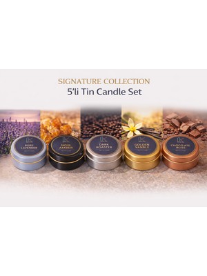 Korıxa Signature Collection 5’li Kokulu Mini Mum Seti – Premium Metal Kutulu Mum Seti (Lavanta, Amber, Kahve, Vanilya, Çikolata)