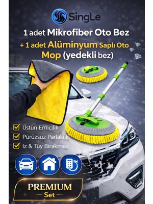 Single 2 Li Premium Paket & Mikrofiber Oto Bezi & Paslanmaz Alüminyum Saplı Çok Oto Mop Art Yedeği