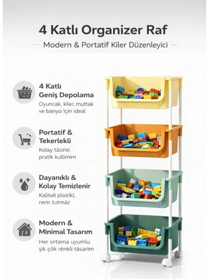 Single 4 Katlı Tekerlekli Organizer Oyuncak Dolabı Banyo Rafı Mutfak Rafı Kiler Düzenleyici Sepet