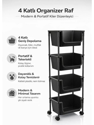 Single 4 Katlı Tekerlekli Organizer Oyuncak Dolabı Banyo Rafı Mutfak Rafı Kiler Düzenleyici Sepet