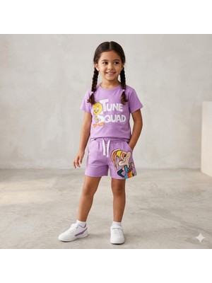 The Littles Kids Kız Çocuk Sevimli Hayvan Baskılı Mor Renk Pamuklu Kumaş Şortlu Beli Bağcıklı Alt Üst Ikili Takım