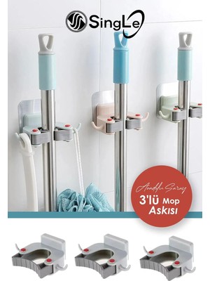Single (3 Adet) Paspas Süpürge Fırça ve Mop Askısı Sap Tutucu Mutfak Banyo Askı