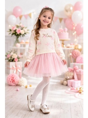 Kız Çocuk Tütü Etekli Payet Işlemeli Kurdele Baskılı %100 Pamuk Pembe Astarlı Elbise