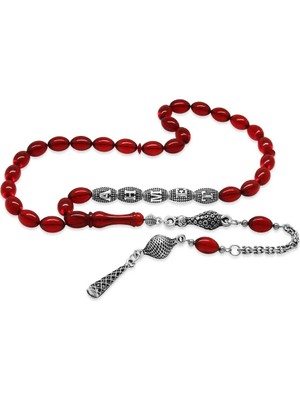 Tesbihname Kararmaz Metal Püsküllü Kişiye Özel Isim Yazılı Bayrak Kırmızısı Ateş Kehribar Tesbih