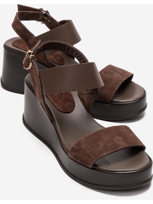Luvi Lolanthe Kahverengi Cilt/kahverengi Süet  Hakiki Deri Kadın Dolgu Topuklu Sandalet