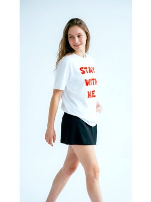 Hoxie Kadın Beyaz Kırmızı Slogan Yazılı Baskılı Oversize Bisiklet Yaka Tişört