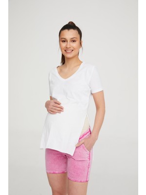 Vavien Hamile Likralı Pembe Chino Şort %98 Pamuklu Günlük Kullanım İçin Rahat Kesim