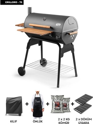 Cheffi Grillord‑75 Kömürlü Barbekü (2 Adet Döküm Izgaralı) + Hediye Seti (Önlük + Kılıf + 2 Paket Kömür)