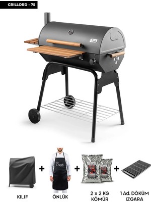 Grillord‑75 Kömürlü Barbekü (1 Adet Döküm Izgaralı) + Hediye Seti (Önlük + Kılıf + 2×2 kg Kömür)
