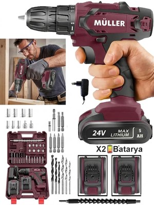 Müller Germany 24V 5 Ah Çift Metal Şanzuman Bakır Sargılı Çift Akülü Şarjlı Matkap  Vidalama 27 Parça Set