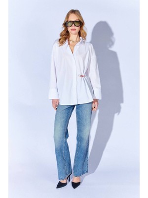 CGA Kadın Beyaz Poplin Gömlek Önü Kısa Arkası Uzun Oversize Poplin Gömlek