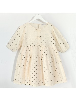 DobaKids Müslin Kız Çocuk Elbise Kapri Kol Müslin Puantiyeli Fiyonk Detaylı Krem Rengi