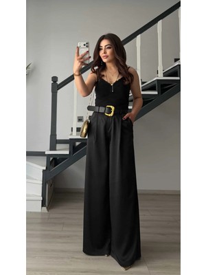 Elisin Siyah Premium Kemerli Saten Pantolon