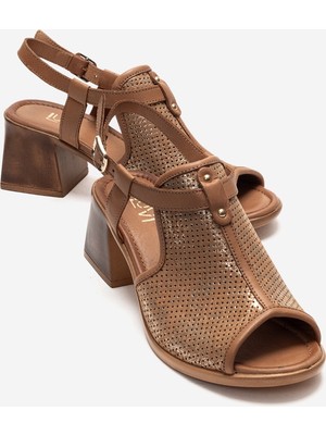 Luvi Janelle Taba Simli Hakiki Deri Kadın Kalın Topuklu Sandalet