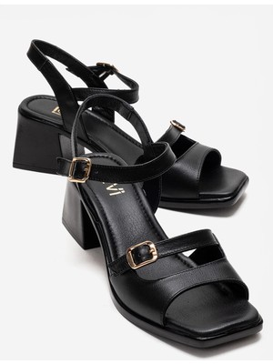 Luvi Yolen Siyah Cilt Hakiki Deri Kadın Kalın Topuklu Sandalet