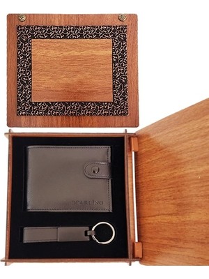 Akinco Dekoratif Hediyelik Ahşap Kutulu Cüzdan Mat Siyah Anahtarlık